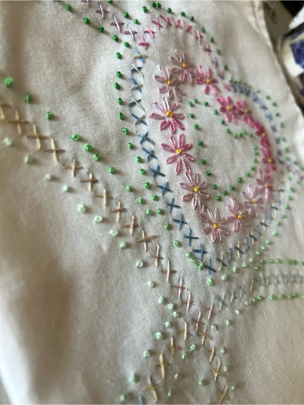 Vintage Embroidered Heart Motif Linen Square - Pastel Pink & Green 17”